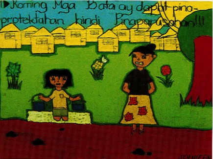 A child-drawn illustration depicting abuse and child labor.