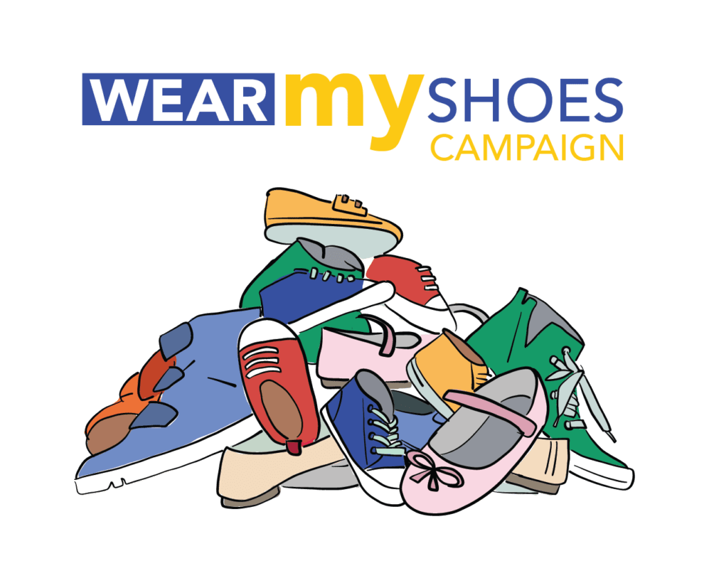 wear my shoes campaign illustration of a pile of shoes.