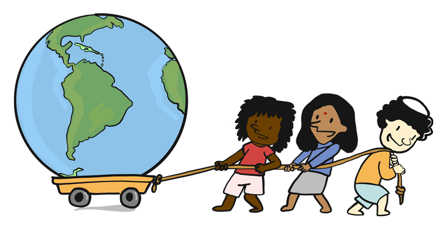 An illustration for the exhibition of three children pulling the globe with them in a toy wagon.